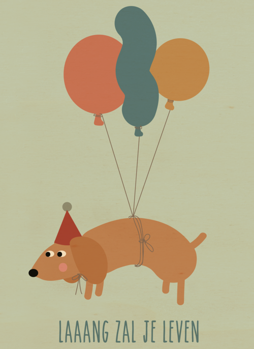 Verjaardagskaart teckel met ballonnen