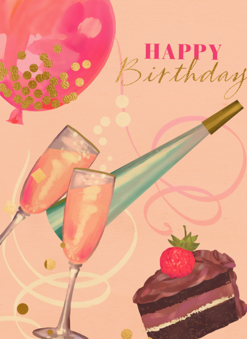 verjaardag kaart happy birthday taart en bubbels