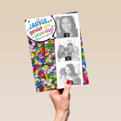 fotokaart jarige gekleurde confetti