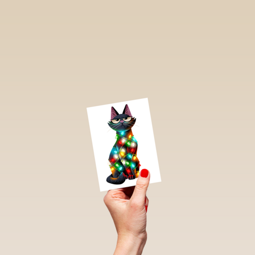 kerstkaart grappig kat met kerstlichtjes folio
