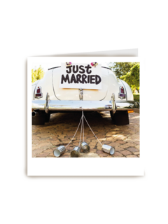 Trouwkaart auto met just married Polaroid
