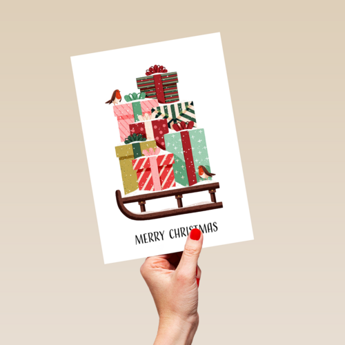 kerstkaart hip slee met cadeautjes folio