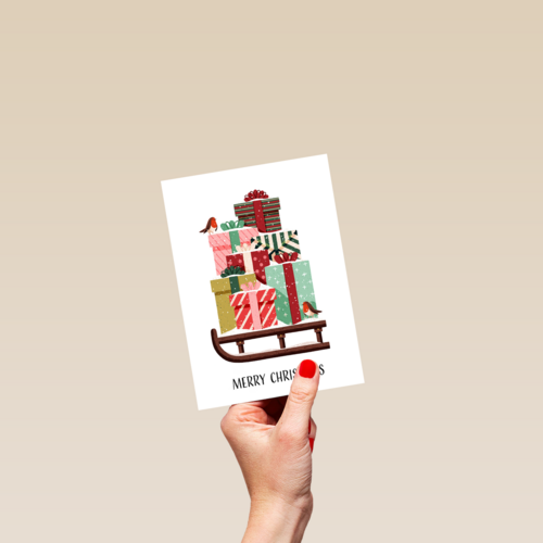 kerstkaart hip slee met cadeautjes folio