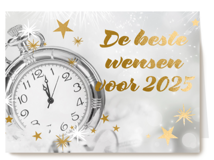 nieuwjaarskaart met klok en de beste wensen