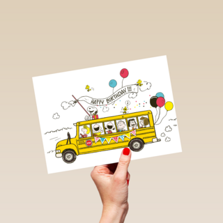 Snoopy verjaardagskaart schoolbus