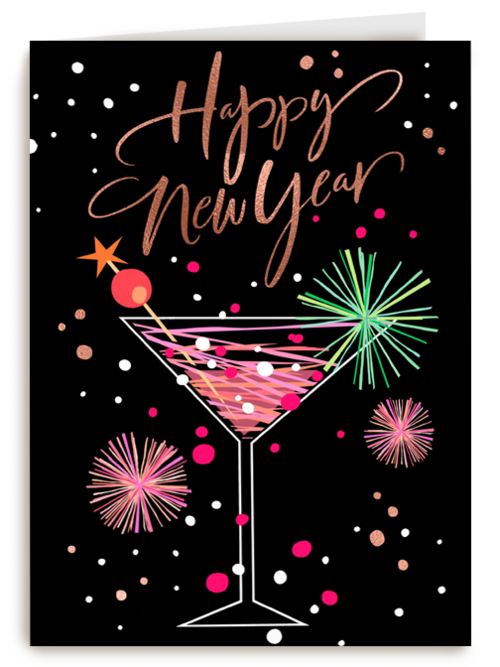 nieuwjaarskaart klassiek cocktailglas happy new year