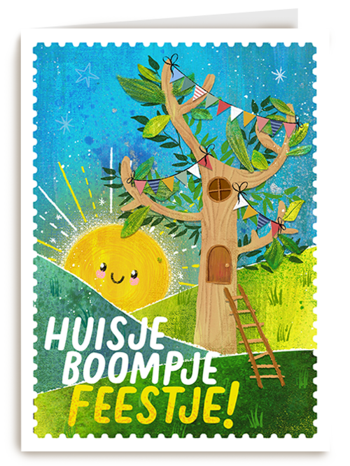 Kaart Hallmark | Felicitatie nieuwe woning Housewarming | Kinderpostzegels - Huisje boompje feestje!