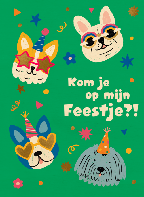 Houten Kaart Kinderfeest | Houten Kaart Hallmark | Kinderfeest | Feestelijke Honden