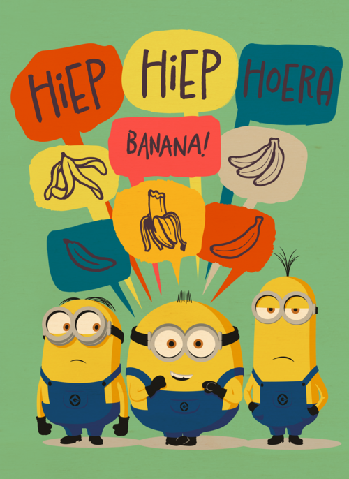 Verjaardagskaart de Minions hiep hiep hoera banana