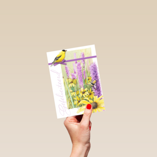 gele vogel met paarse bloemen