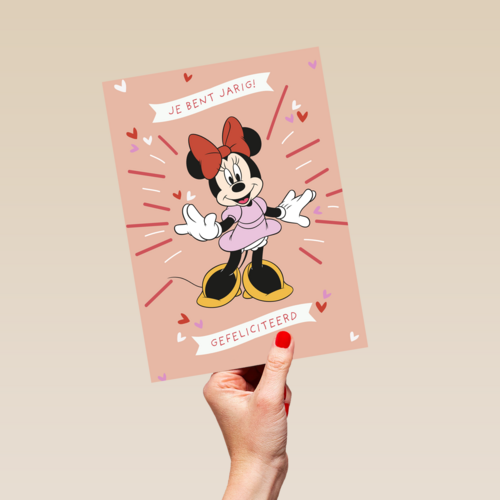 Verjaardagskaart Minnie Mouse gefeliciteerd