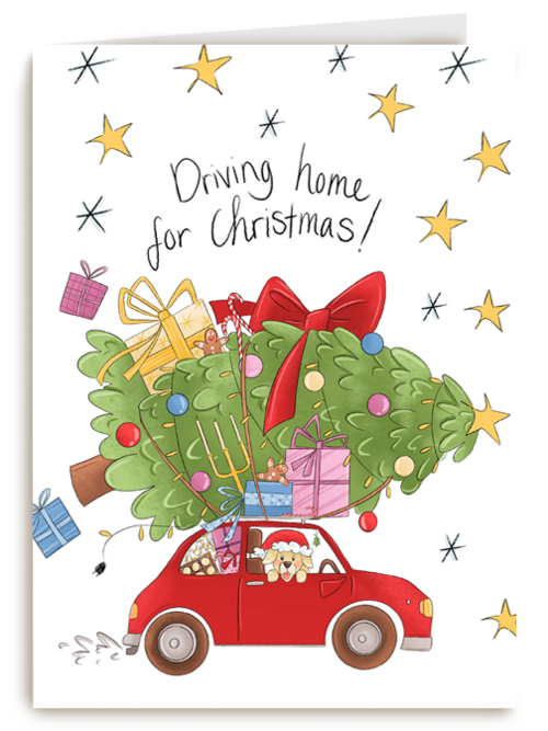 Kerstkaart matia studio kerstboom op auto