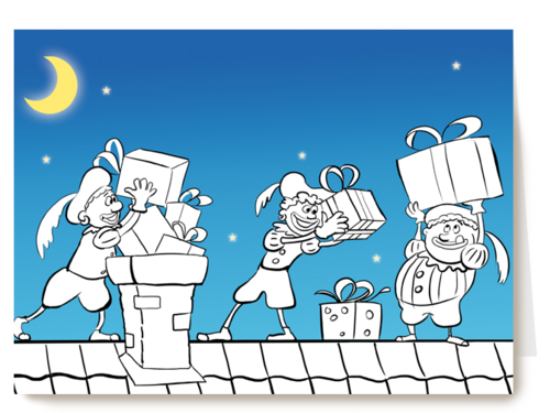 Sinterklaaskaart zelf inkleuren pieten op het dak