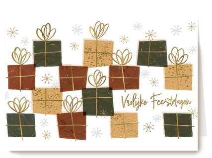 kerstkaart met kerstcadeaus en ijssterren