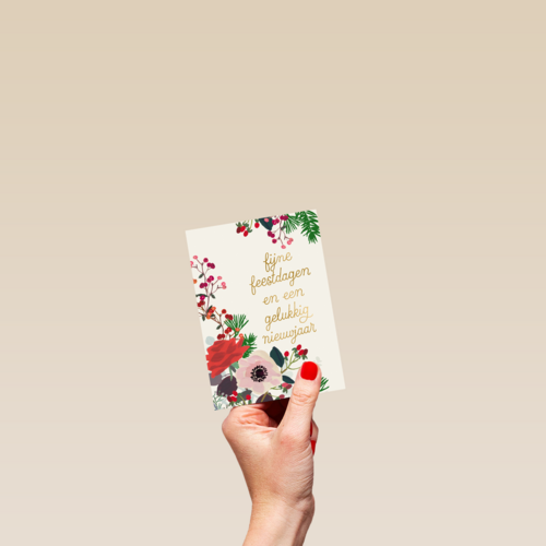 Kerstkaart klassiek bloemen en kersttak