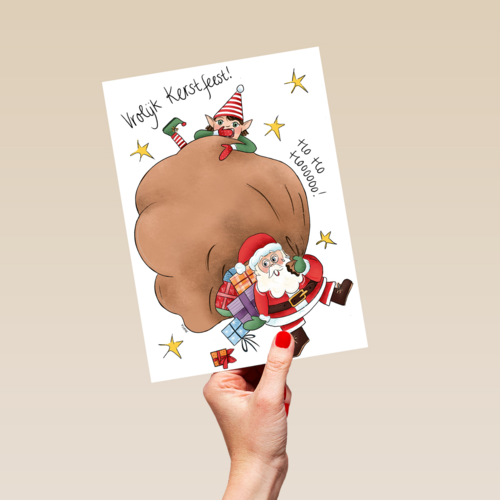 kerstkaart vrolijk kerstman en elfje matia heesakkers