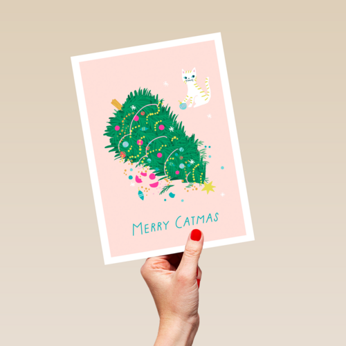 kerstkaart met kerstboom merry catmas