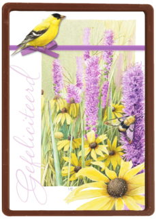 gele vogel met paarse bloemen