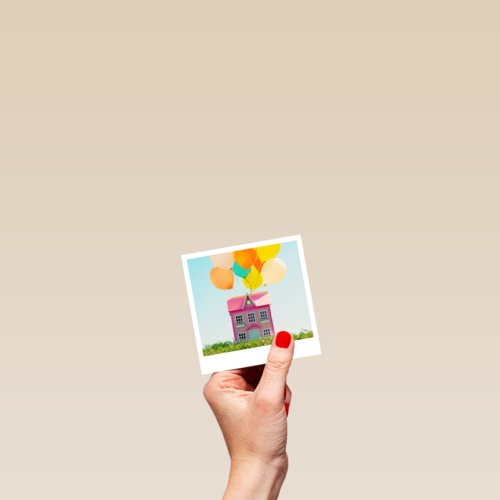 Verhuiskaart Vrolijk huis met ballonnen Polaroid