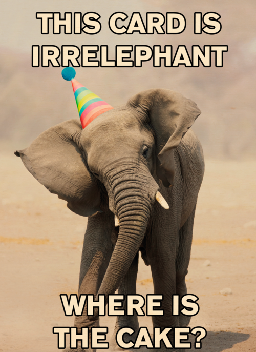 verjaardag kaart grappig this card is irrelephant