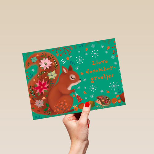 Kerstkaart Ylva Svensson eekhoorn en egel