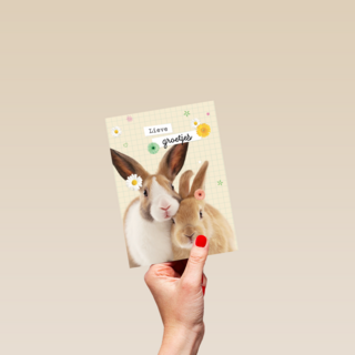 lieve groetjes kaart met konijnen en bloemetjes