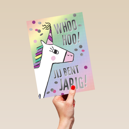 woohoo jij bent jarig met een regenboog eenhoorn
