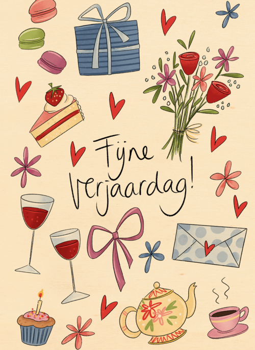 verjaardag kaart matia fijne verjaardag bloemen wijn taart