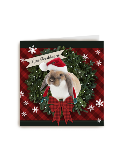 Kerstkaart konijn kerstmuts