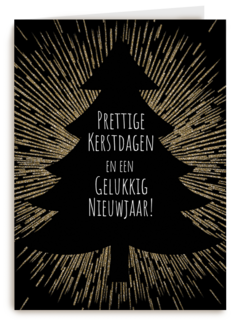 stijlvolle kerstkaart met boom en gouden stralen
