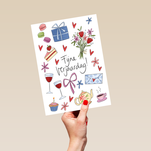 verjaardag kaart matia fijne verjaardag bloemen wijn taart