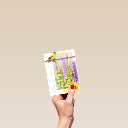 gele vogel met paarse bloemen