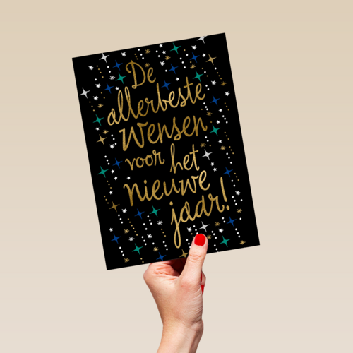 nieuwjaarskaart klassiek zwart met sterren