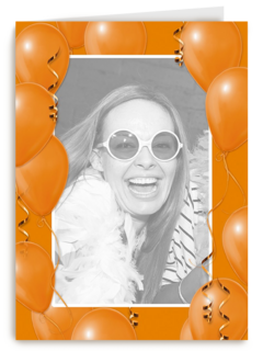 fotokaart staand met oranje ballonnen