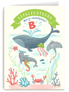 Zwemdiploma B kaart met walvis