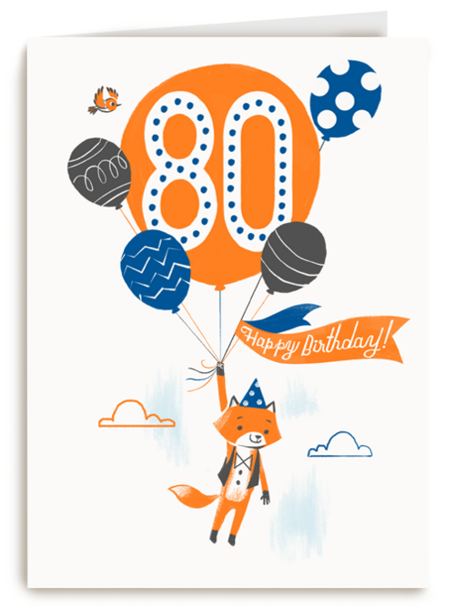 Kaart Hallmark | Kaart Met Leeftijden | Een Vos Met Ballon Om 80 Jaar Te Vieren