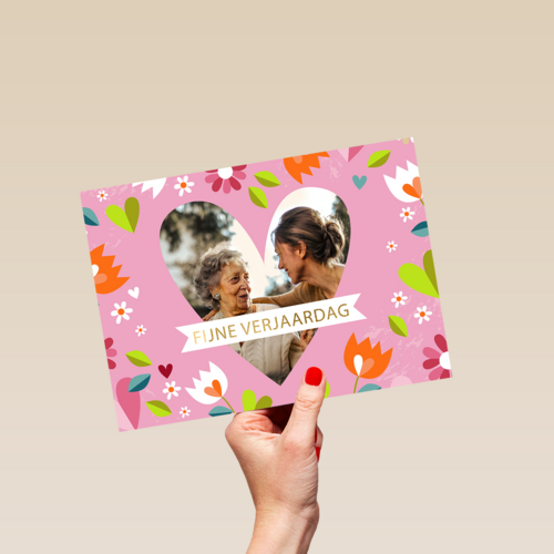 verjaardag kaart vrouw foto hart bloemen