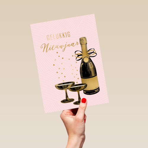 gelukkig nieuwjaar met flesje champagne en glazen