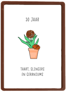Verjaardagskaart 50 taart slingers en geraniums