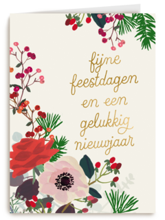 Kerstkaart klassiek bloemen en kersttak