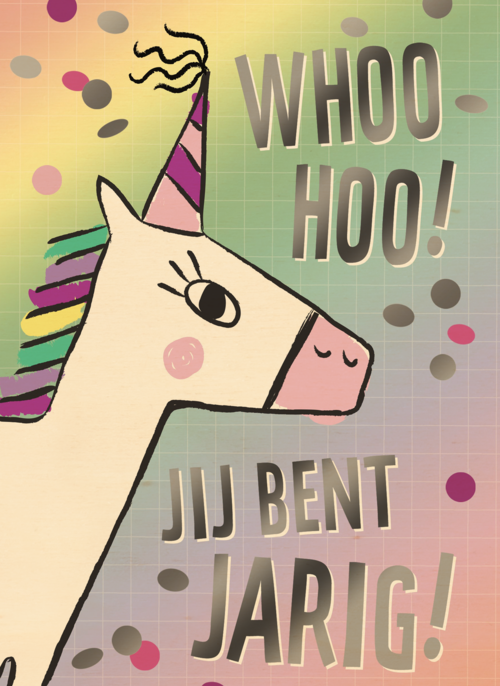 woohoo jij bent jarig met een regenboog eenhoorn
