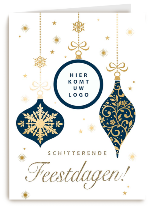 kerstkaart met kerstballen en eigen logo