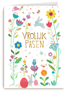 Paaskaart Vrolijk Pasen met bloemen