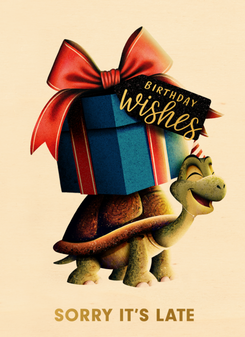 Houten Kaart Te Laat | Hallmark | Houten Kaart Hallmark | Te Laat | Folio Sorry Its Late Turtle With Present