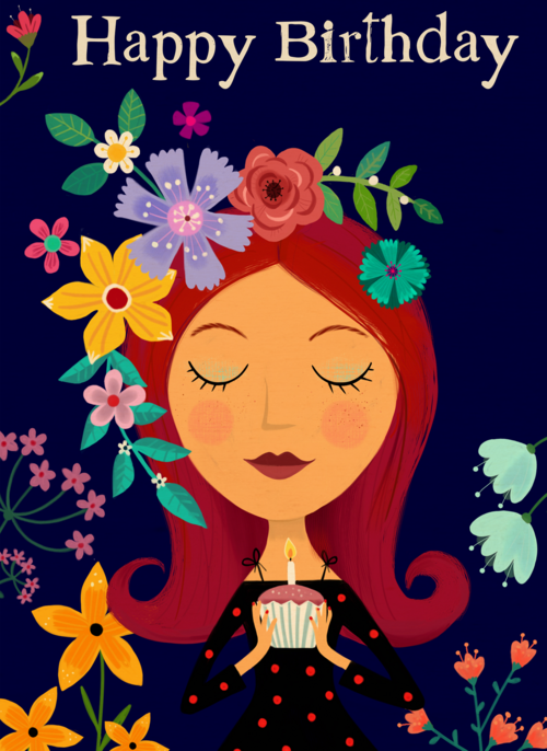 Verjaardagskaart Vrouw met bloemen in haar