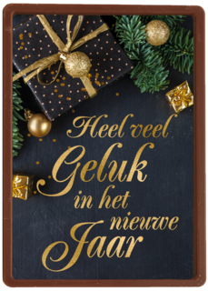 nieuwjaarskaart met gouden tekst en cadeaus