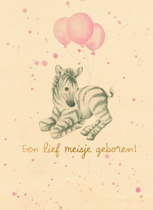 Babykaart dochter Zebra met roze ballonnen