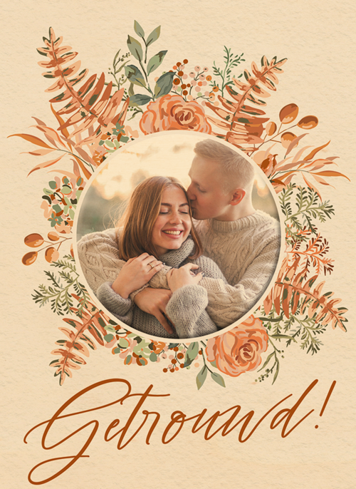 Houten Kaart Felicitatie Huwelijk | Houten Kaart Hallmark | Felicitatie Huwelijk | Pas Getrouwd Kaart Foto Met Bloemenkrans