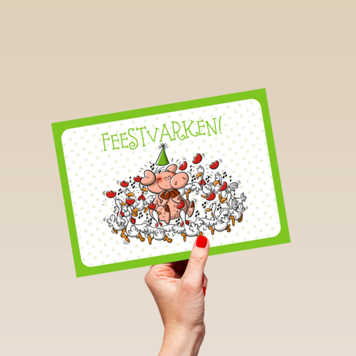 feestvarken omringd door kippen