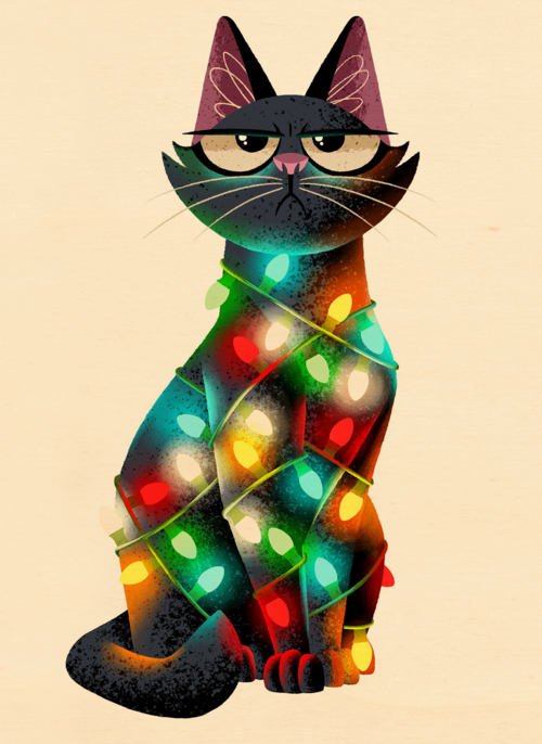 Houten kaart Kerst | Hallmark | Houten kaart Kerst | Hallmark | Kerstkaart grappig kat met kerstlichtjes folio